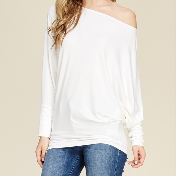 Slouchy Off Shoulder Dolman Top - Off White - Picture 5 of 6